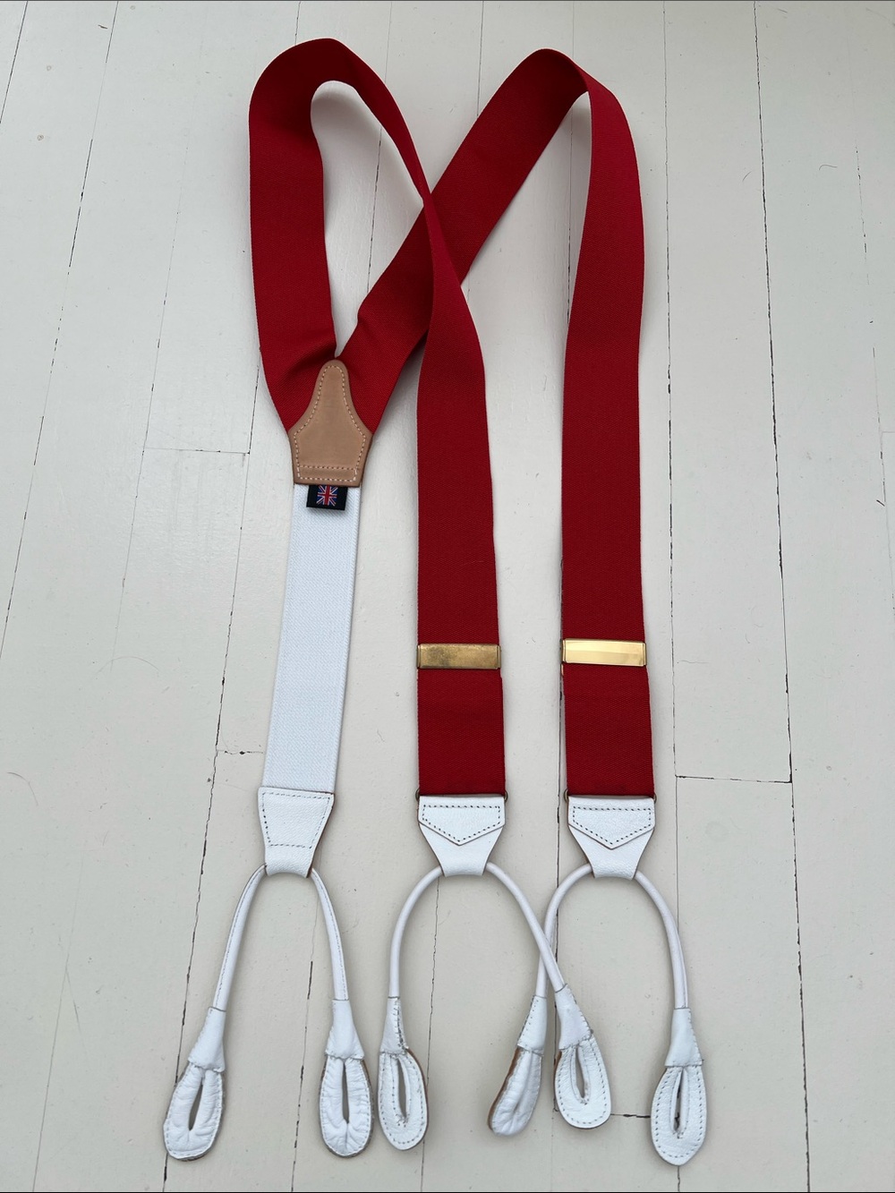 Albert Thurston Red Suspenders with White Leather Accents